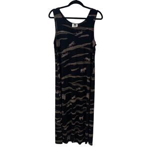 Vtg 90s Sleeveless Black Novelty Print Dress Cheetahs Dark Y2K Whimsigoth Size L